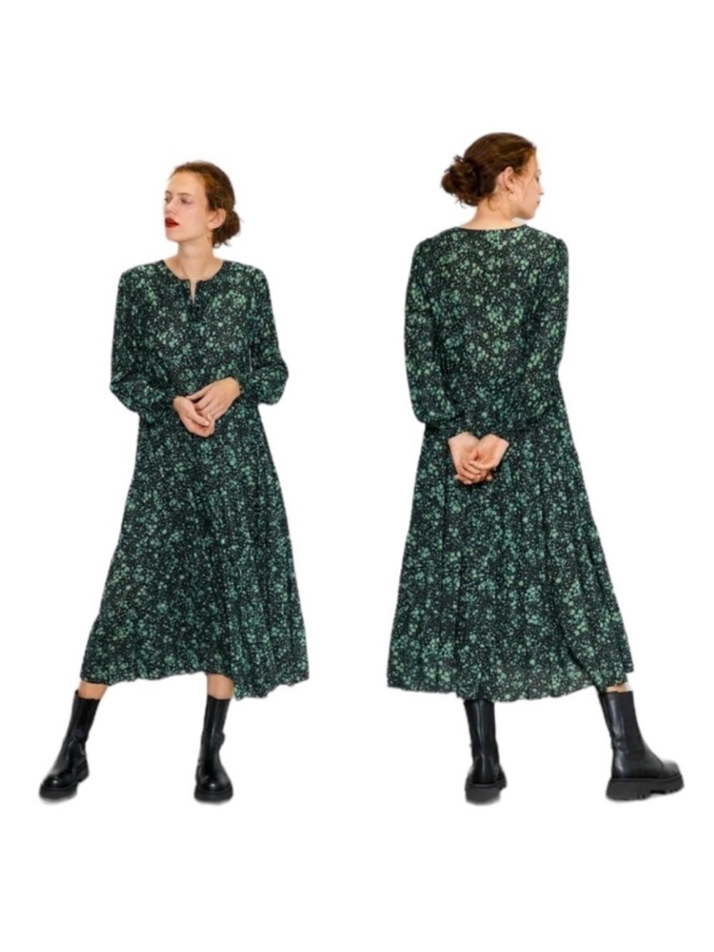 Zara Dark Green Floral Long-Sleeve Midi Dress
